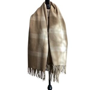 Lauren Ralph Lauren Plaid THROW Scarf Wrap  Wool Blend Tan Cream Fringe 49x34